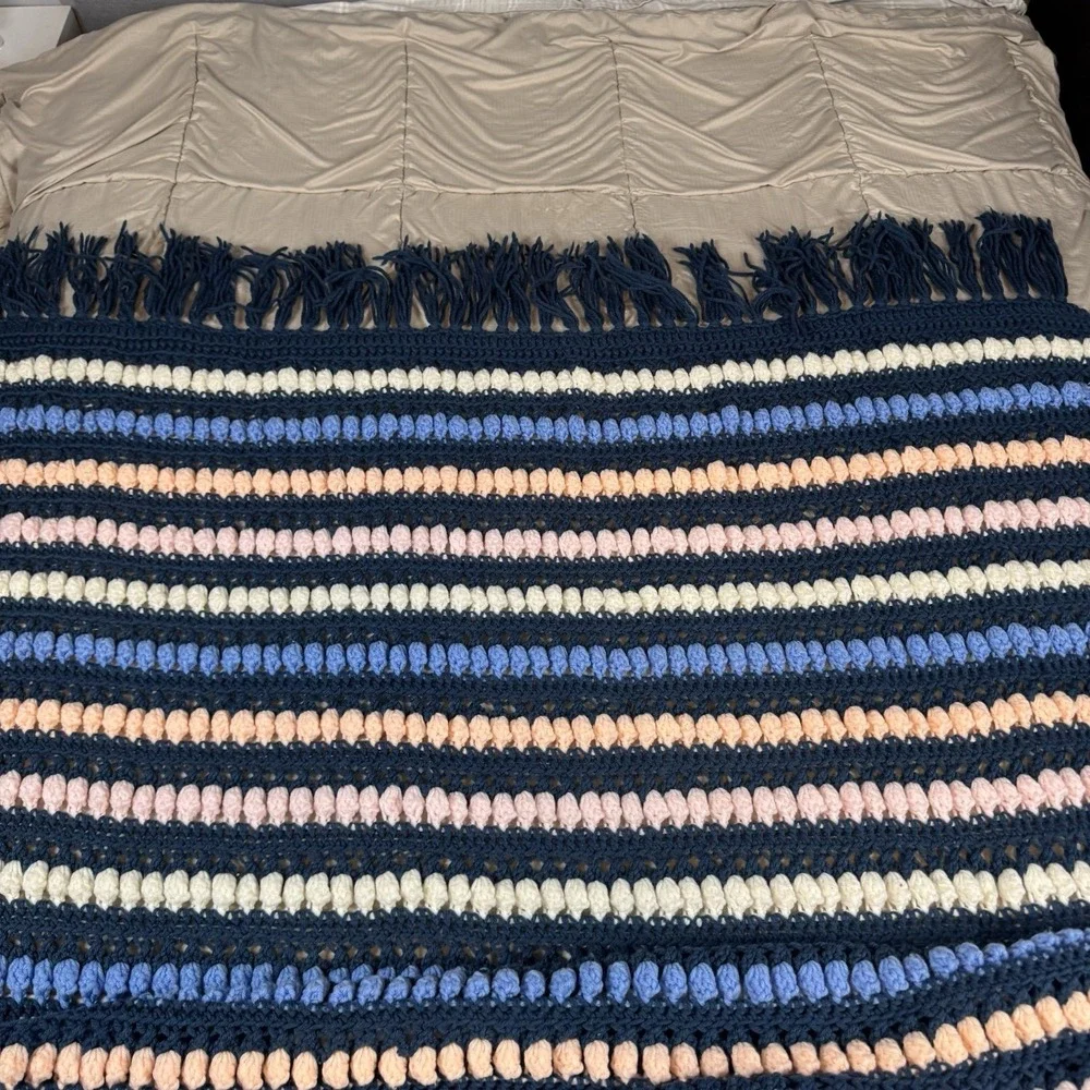 Vtg Colorful Fringe Bobble Crochet Knit Heavy Blanket Afghan 76